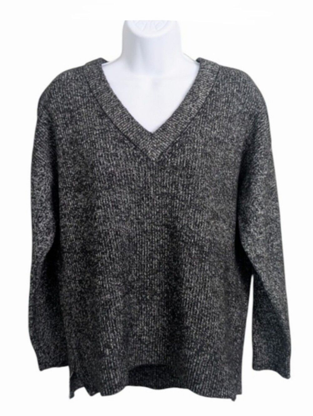 Massimo Dutti Woman Wool Blend V-Neck Sweater Sz M Black White Marled Minimalist